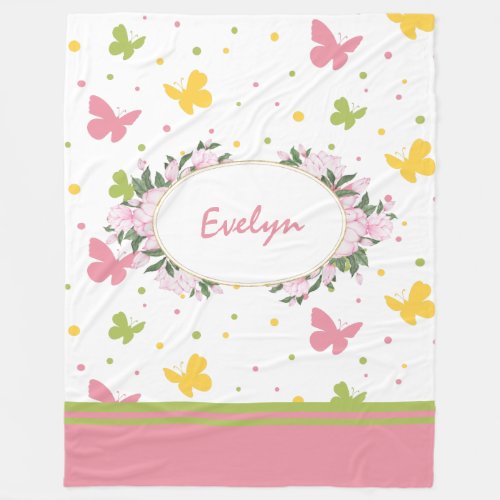 Pastel Butterfly Pattern with Flowers and Name Fleece Blanket