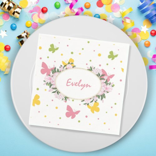 Pastel Butterfly Pattern with Flowers and Name Napkins