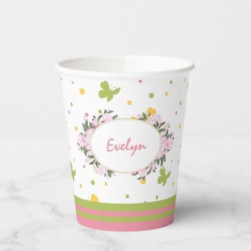 Pastel Butterfly Pattern with Flowers and Name Paper Cups