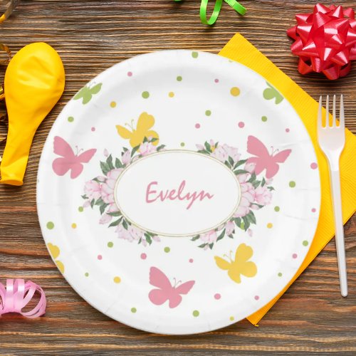 Pastel Butterfly Pattern with Flowers and Name Paper Plates