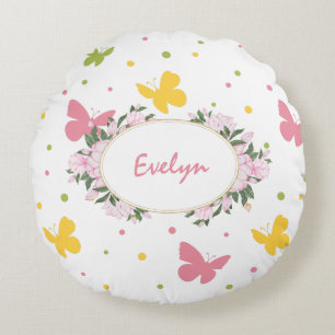 Pastel Butterfly Pattern with Flowers and Name Round Pillow