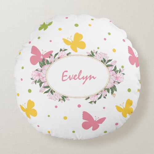 Pastel Butterfly Pattern with Flowers and Name Round Pillow