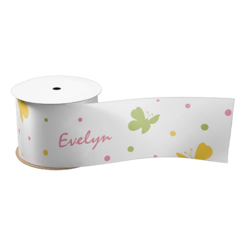 Pastel Butterfly Pattern with Flowers and Name Satin Ribbon
