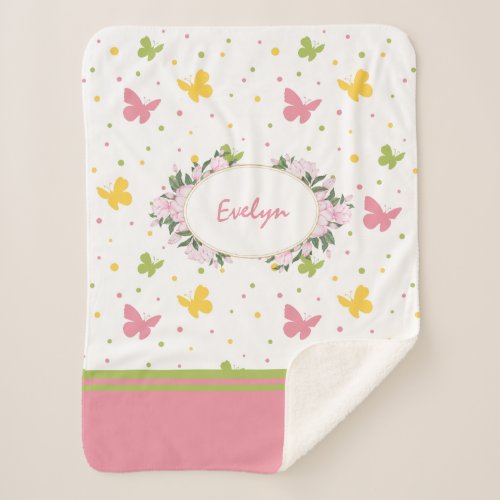 Pastel Butterfly Pattern with Flowers and Name Sherpa Blanket