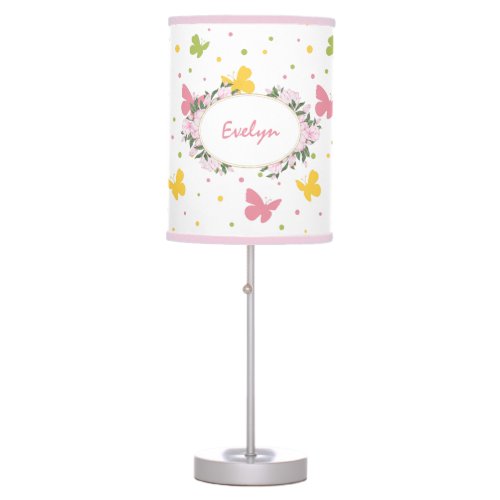 Pastel Butterfly Pattern with Flowers and Name Table Lamp