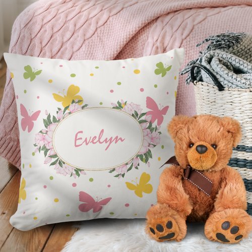 Pastel Butterfly Pattern with Flowers and Name Throw Pillow