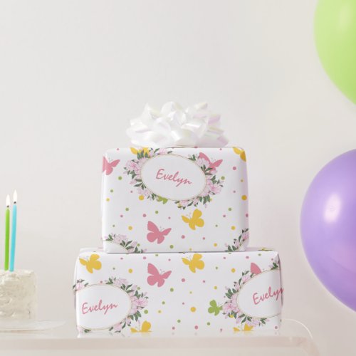 Pastel Butterfly Pattern with Flowers and Name Wrapping Paper