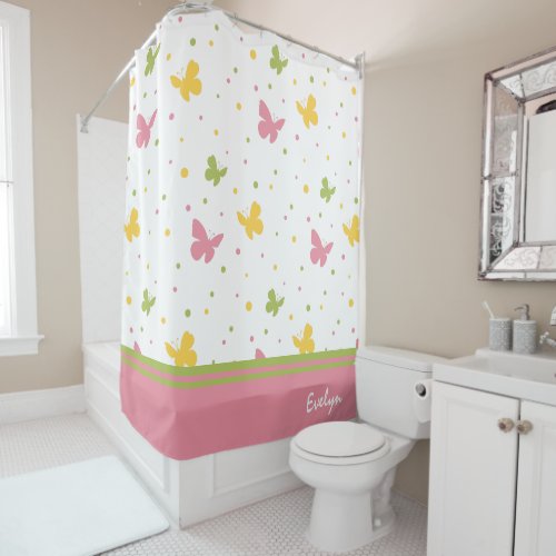 Pastel Butterfly Pattern with Name Bathroom Shower Curtain
