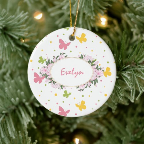 Pastel Butterfly Pattern with Name Year Christmas Ceramic Ornament