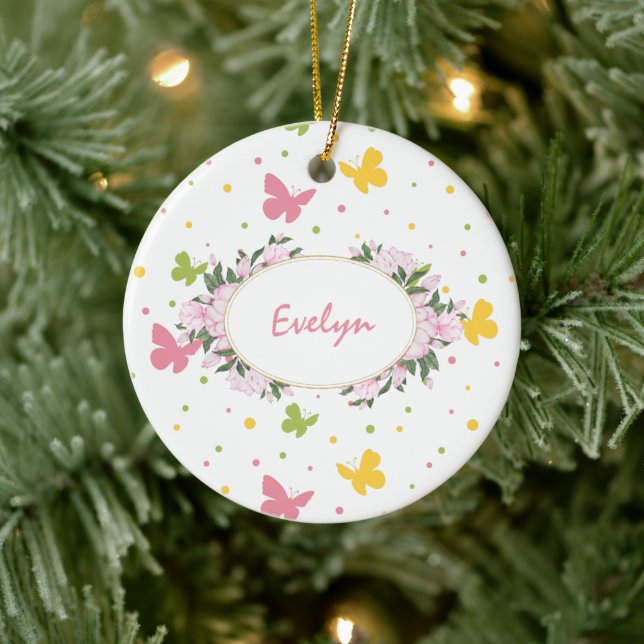 Pastel Butterfly Pattern with Name Year Christmas Ceramic Ornament (Tree)