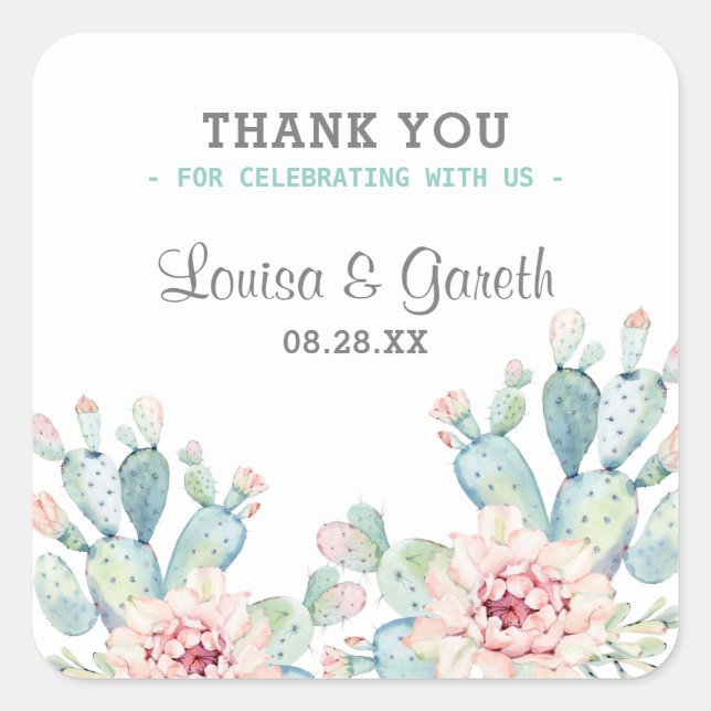 Pastel Cactus Flower Wedding Square Sticker (Front)