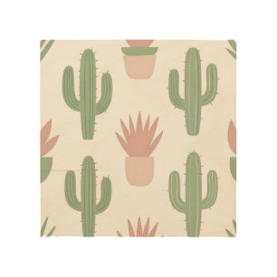 Pastel Cactus Succulent Pattern Wood Wall Art