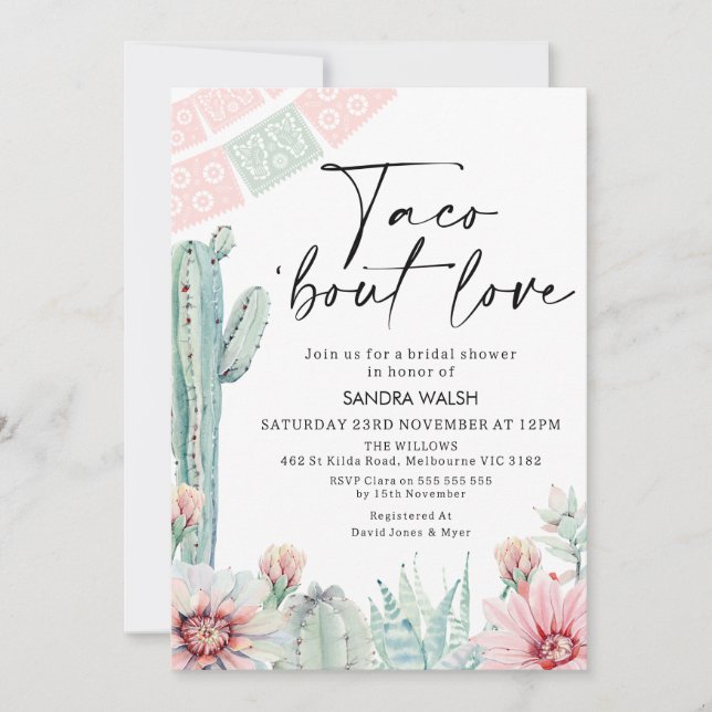 Pastel Cactus Taco 'bout Love Bridal Shower Invitation (Front)