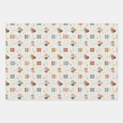 Pastel Cakes, Balloons &amp; Confetti Scandi Wrapping Paper Sheets