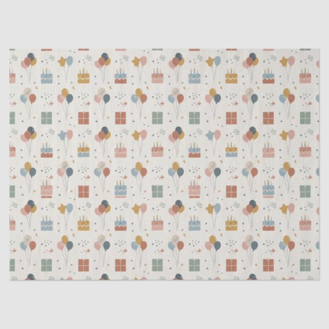  Pastel Cakes, Balloons & Stars Scandi Birthday Tissue Paper (Front)