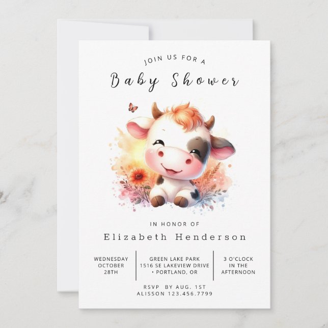 Pastel Calf Cow Baby Shower Invitation (Front)