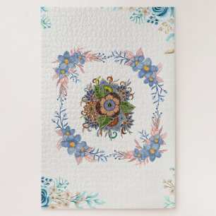 Pastel Calm Bloom – Blue & Pink Floral Jigsaw Puzzle