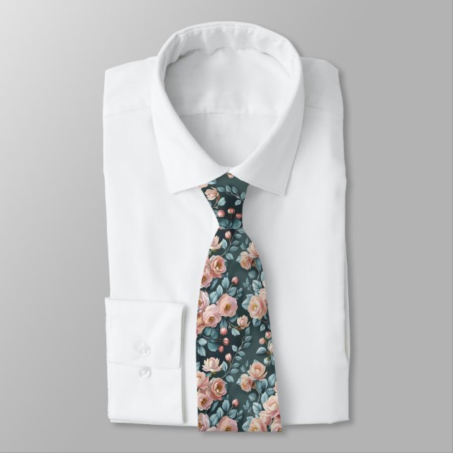 Pastel Camellias & Dusty Miller Seamless Botanical Neck Tie (Tied)