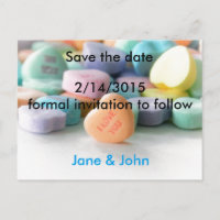 pastel candy heart wedding save the date postcards