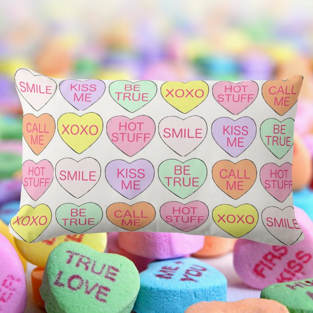 Pastel Candy Hearts Love Valentine's Day Decor Lumbar Pillow (Candy conversation hearts pillow)