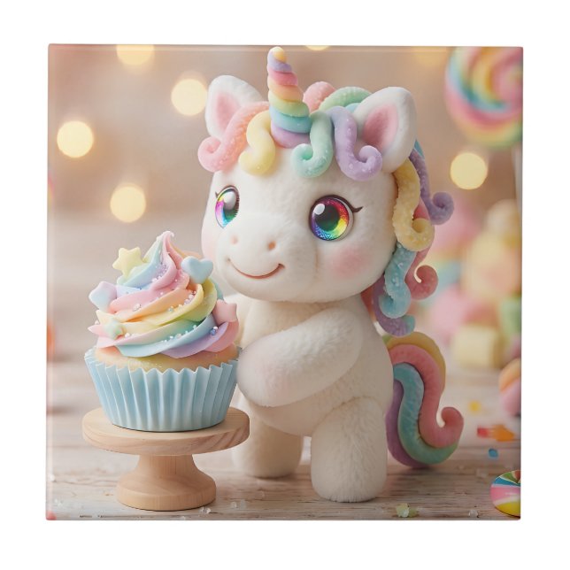 Pastel Candy Unicorn with Rainbow Cupcake Ceramic Tile (Front)