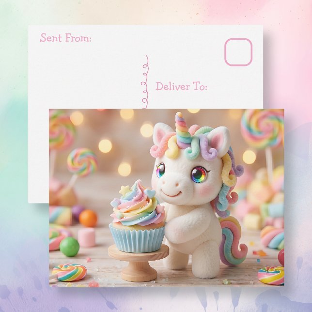 Pastel Candy Unicorn with Rainbow Cupcake Postcard (Creator Uploaded)