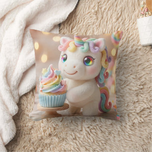 Pastel Candy Unicorn with Rainbow Cupcake Throw Pillow