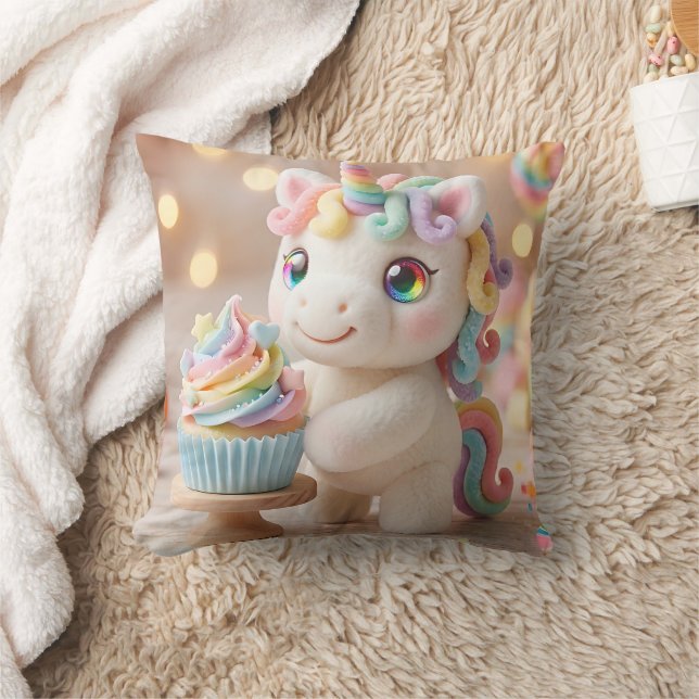 Pastel Candy Unicorn with Rainbow Cupcake Throw Pillow (Blanket)