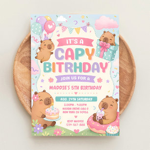 Pastel Capybara 3rd Birthday Invitation
