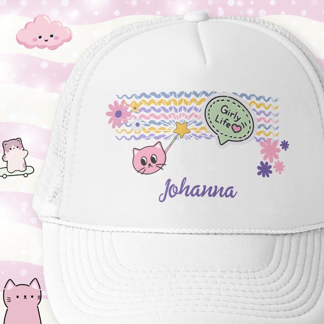 Pastel Cartoon Cat Girly Life Rainbow Trucker Hat (Pastel Cat Girly Life Rainbow Trucker Hat ©Susanne Sachers - Sunny Wanderlust 🌞✈️)
