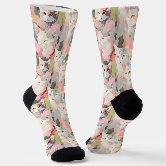 Pastel Cats Colorful Pattern Socks (Angled)
