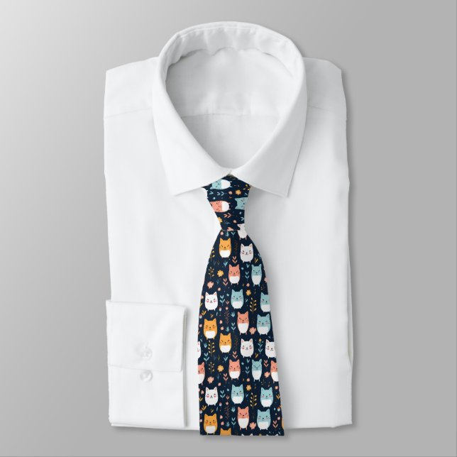 Pastel Cats Pattern Neck Tie (Tied)