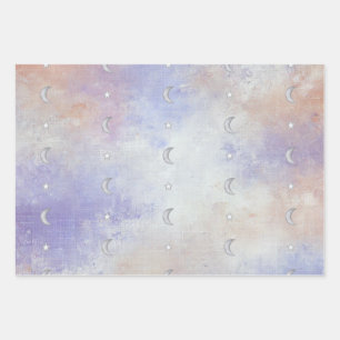 Pastel Celestial Crescent Moon & Star - 3 X Wrapping Paper Sheets