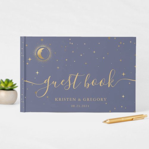 Pastel Celestial Gold Crescent Moon Wedding Guest Book