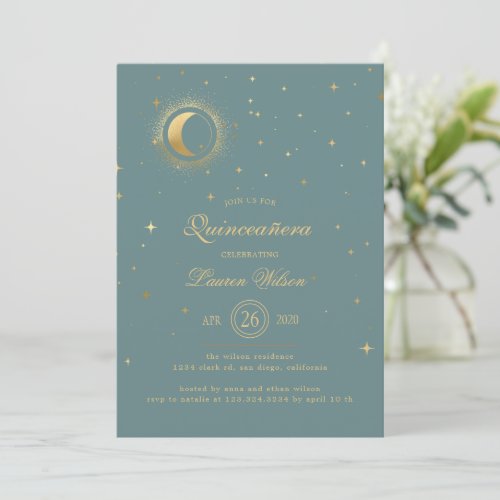 Pastel Celestial Gold Moon Stars Quinceanera Invitation