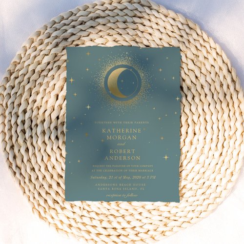 Pastel Celestial Gold Moon Wedding  Invitation