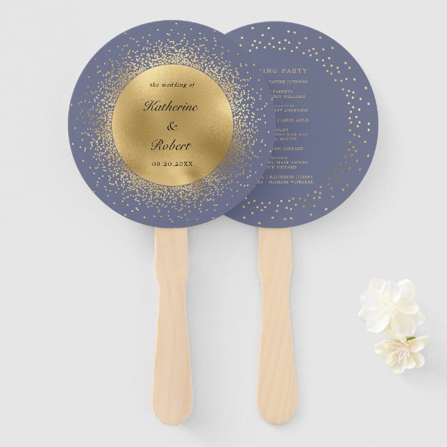 Pastel Celestial Gold Moon Wedding Program Hand Fan (Front and Back)