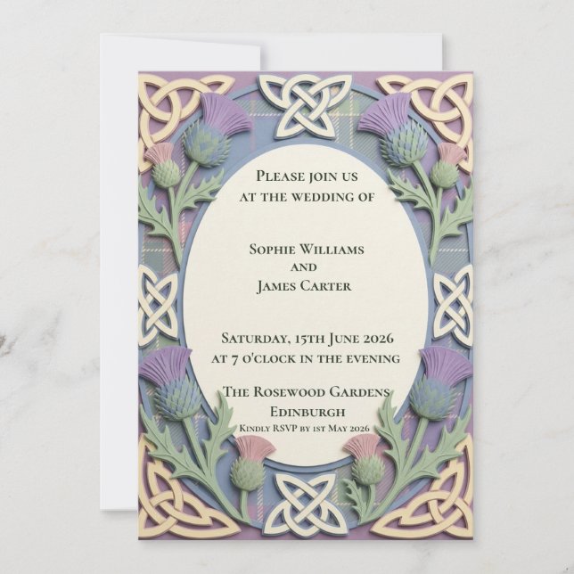 Pastel Celtic Thistle Tartan Wedding Invitation (Front)