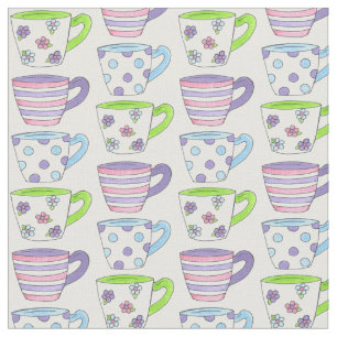 Pastel Ceramic Teacups Tea Party Pink Purple Green Fabric