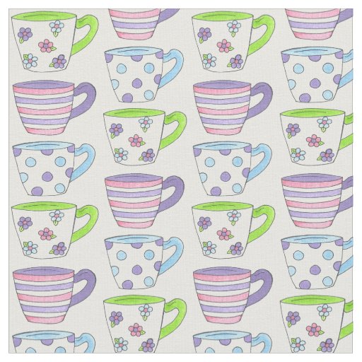 Pastel Ceramic Teacups Tea Party Pink Purple Green Fabric
