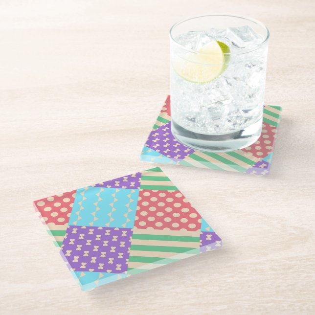 Pastel Checker Stripe Bow Polkadot Geometric Glass Coaster (Angled)