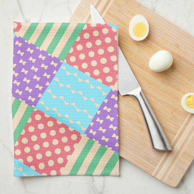 Pastel Checker Stripe Bow Polkadot Geometric Kitchen Towel (Quarter Fold)