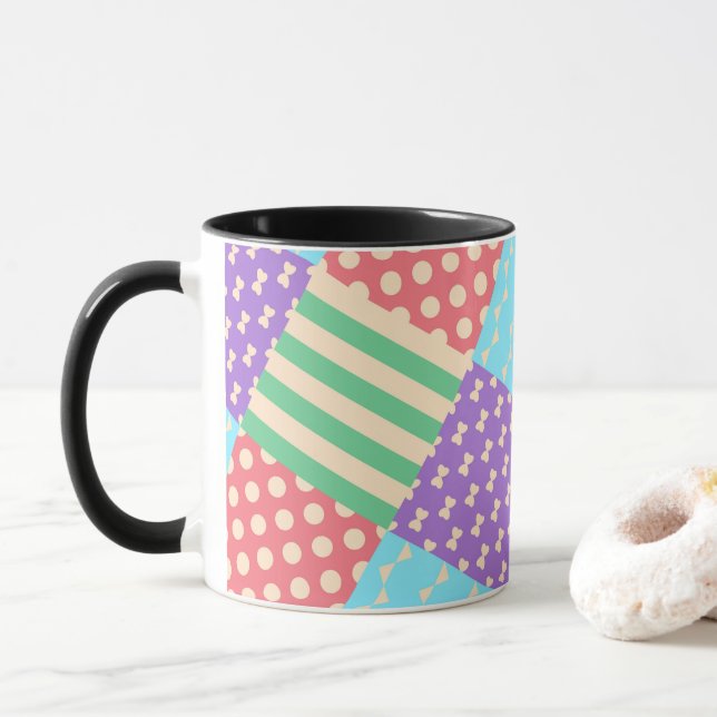 Pastel Checker Stripe Bow Polkadot Geometric Mug (With Donut)