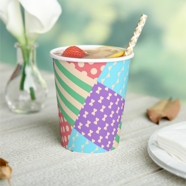 Pastel Checker Stripe Bow Polkadot Geometric Paper Cups (Insitu)