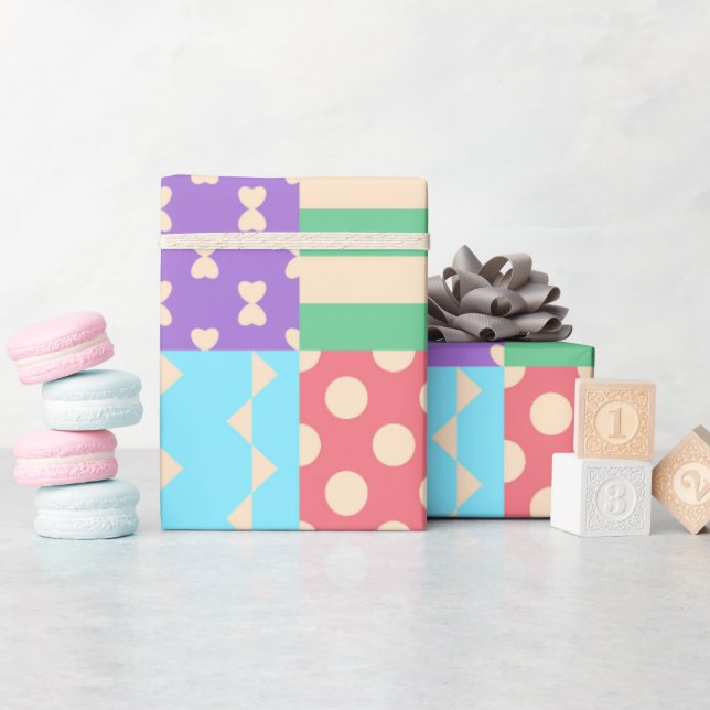 Pastel Checker Stripe Bow Polkadot Geometric Wrapping Paper (Baby Shower)
