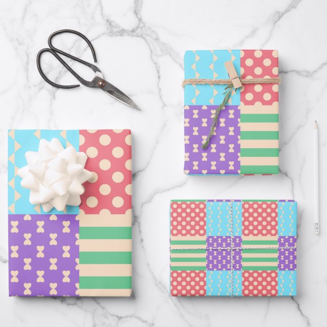 Pastel Checker Stripe Bow Polkadot Geometric Wrapping Paper Sheets (Front)