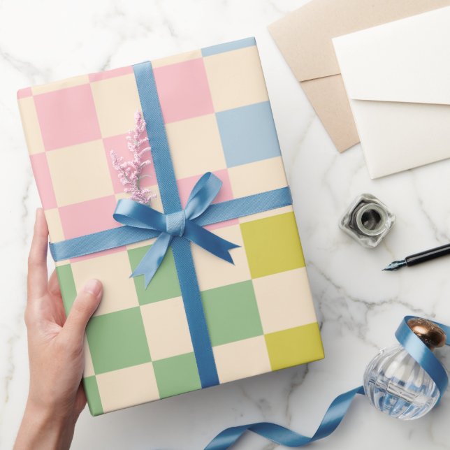 Pastel Checkered Check Pattern Pink Blue Green Wrapping Paper (Gifting)