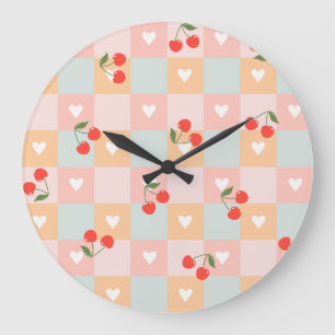 Pastel Cherry and Heart Checkered Pattern Large Clock
