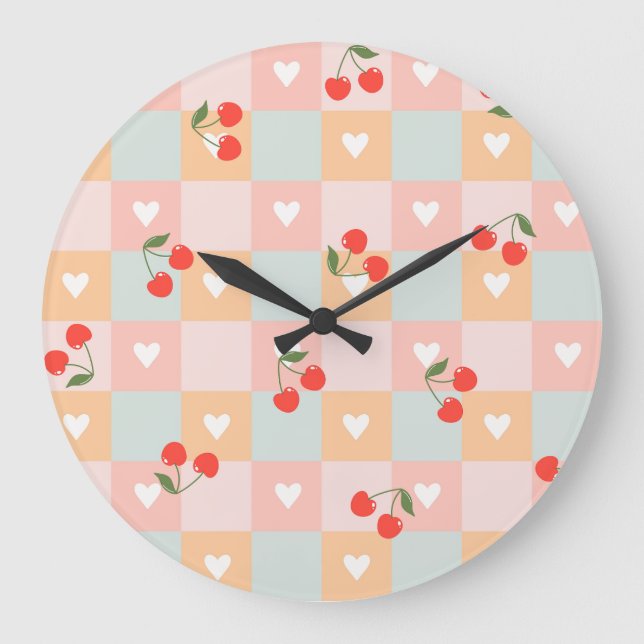 Pastel Cherry and Heart Checkered Pattern Large Clock (Front)