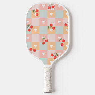 Pastel Cherry and Heart Checkered Pattern Pickleball Paddle